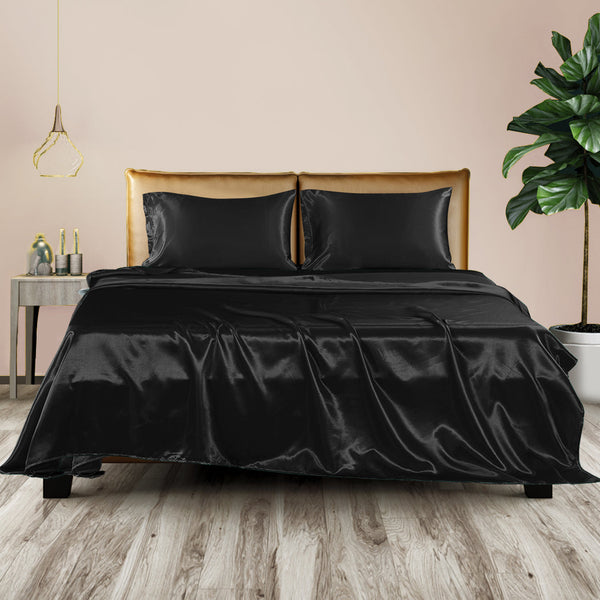 Dreamz Silky Satin Fitted Flat Queen Black Sheets