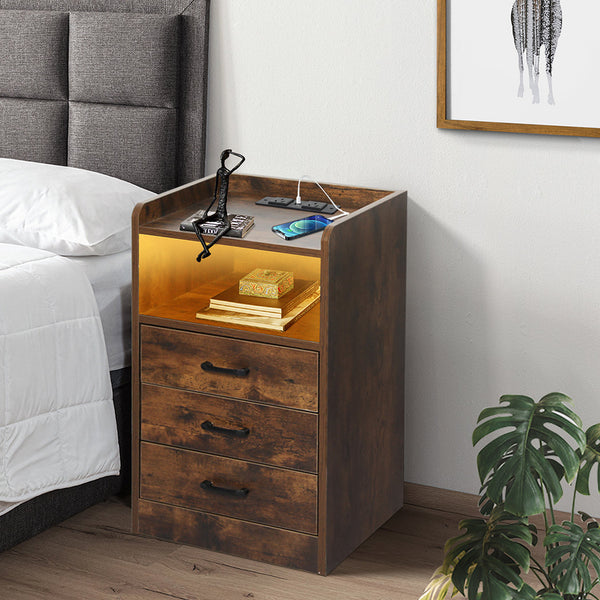 Levede Bedside Table Usb Charger Outlet Led Oak Bedside Tables