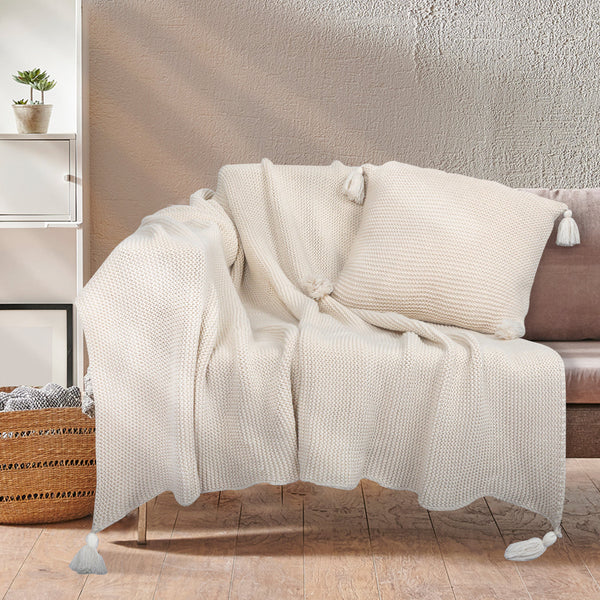 Dreamz Knitting Throw Blanket Cushion Beige Blankets
