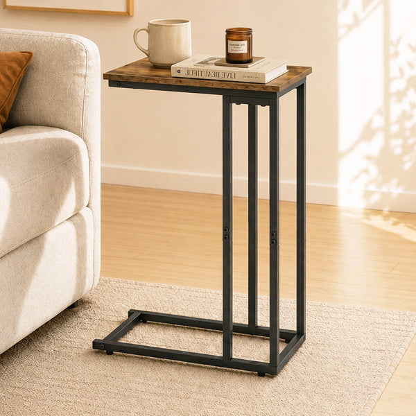 Levede C Shaped Side Table Rustic Brown & Black Waterproof Metal Frame Side Tables