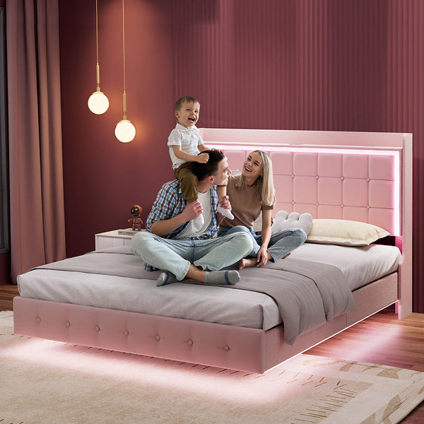 Levede Double Floating Bed Frame With Led Lights & Usb Ports Pink Double Bed Frames