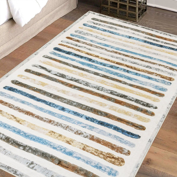 Marlow Floor Rug Short Pile Washable Carpet Soft Plush Non Slip Stripe 200X290cm Rugs