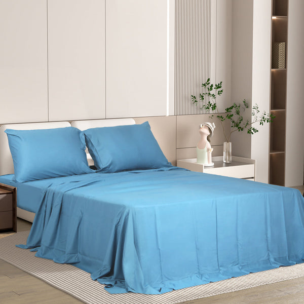 Dreamz 4Pcs Double Size 100% Bamboo Bed Sheet Set In Blue Colour Soft Cool Breathable Sheets
