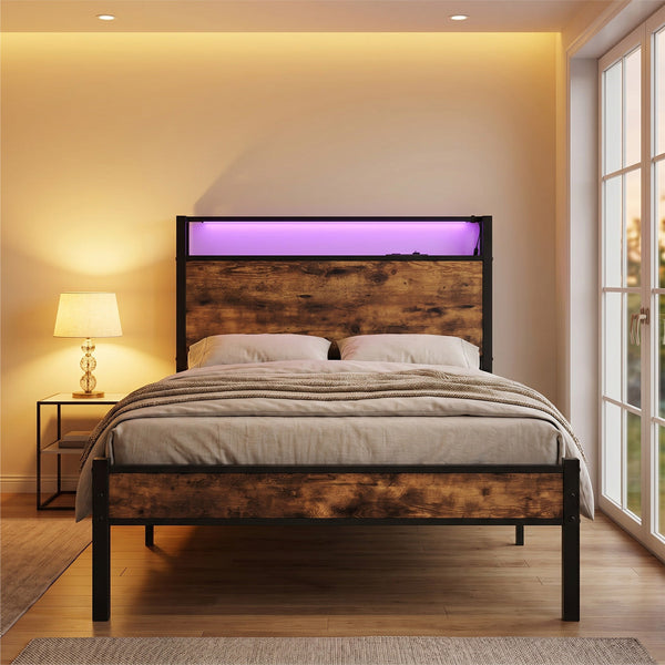 Levede Single Bed Frame With Led Usb Charging Storage Headboard Walnut Black Single Bed Frames