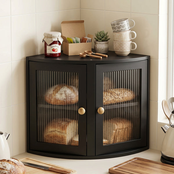 Toque 2 Tier Bamboo Corner Bread Box For Kitchen Countertop Storage Black Bread Bins