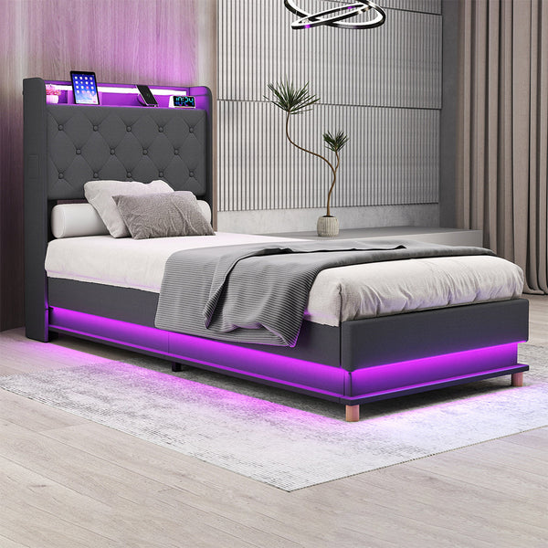 Levede Single Bed Frame Gas Lift Storage Led Light Usb Single Bed Frames