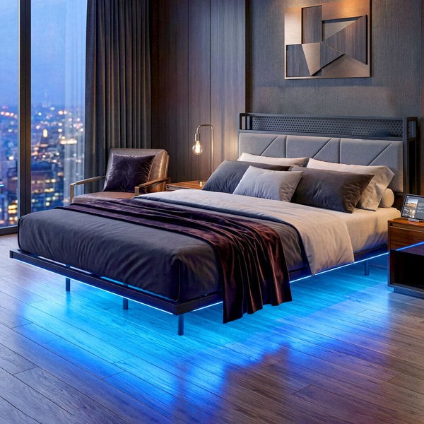 Levede Double Floating Bed Frame With Led Usb Storage Headboard Dark Grey Double Bed Frames