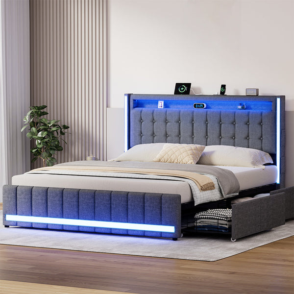 Levede King Bed Frame Fabric Storage Drawer Led Usb King Bed Frames