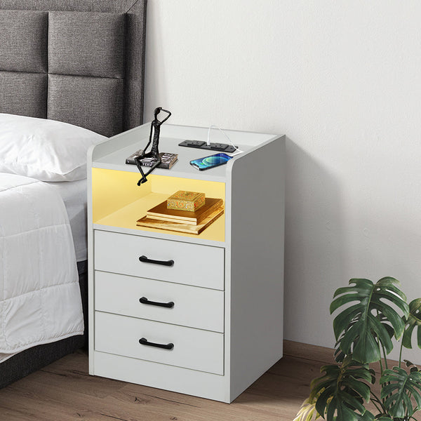 Levede Bedside Table Usb Charger Outlet Led White Bedside Tables