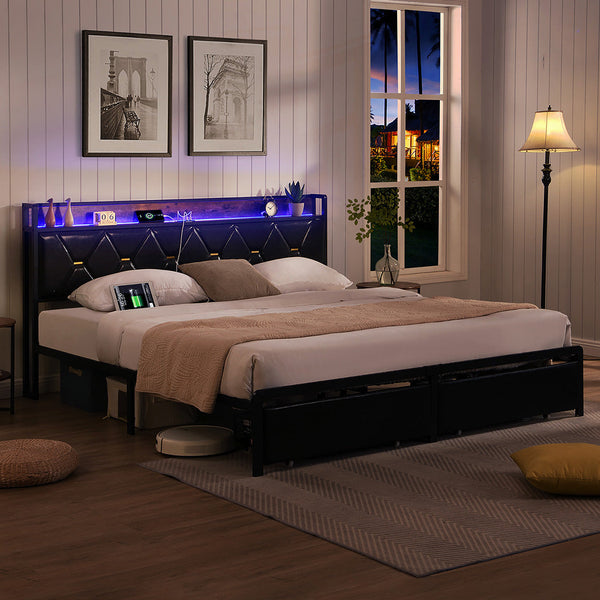 Levede Double Metal Bed Frame Led Lights 2 Drawers Double Bed Frames