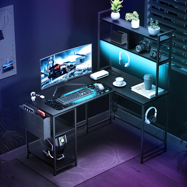 Levede Shaped Gaming Desk With Led Lights Black Laptop Desks