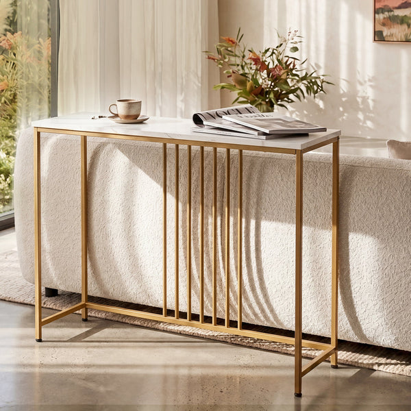 Levede Narrow Console Table White Marble Effect Top Gold Frame Hall Tables
