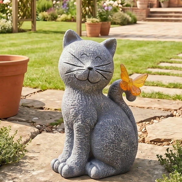 Emitto Solar Cat Butterfly Garden Statue With Led Light Resin Outdoor Decor Ornaments & Statues