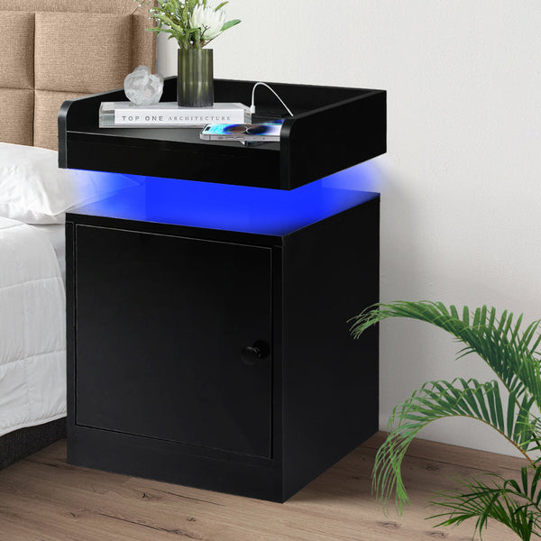Levede Bedside Table With Usb Charger Outlet And Rgb Lights Black Modern Nightstand For Bedroom Bedside Tables