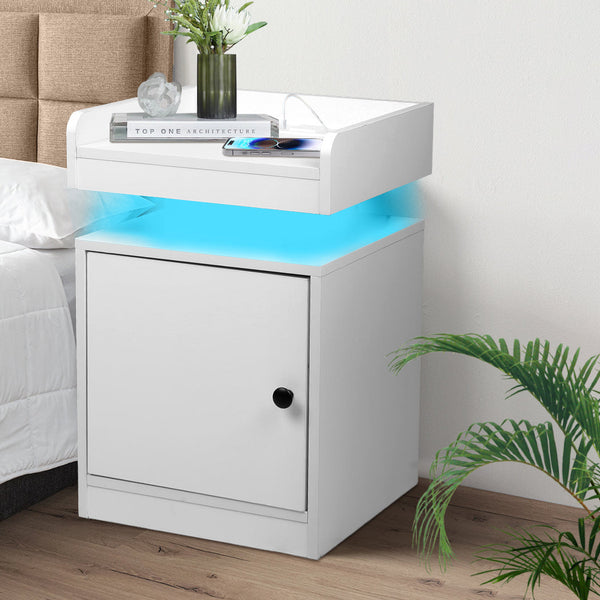 Levede Bedside Table With Usb Charger Outlet And Rgb Lights White Modern Nightstand For Bedroom Bedside Tables