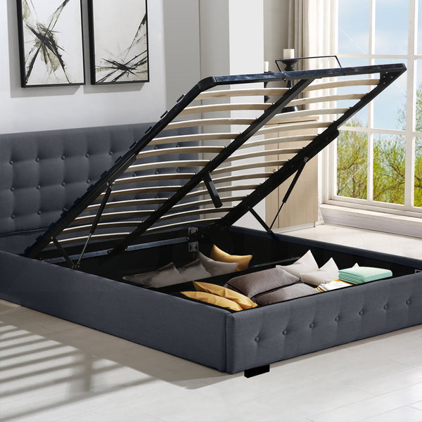 Levede Gas Lift Bed Frame Fabric Base Double Dark Grey Double Bed Frames