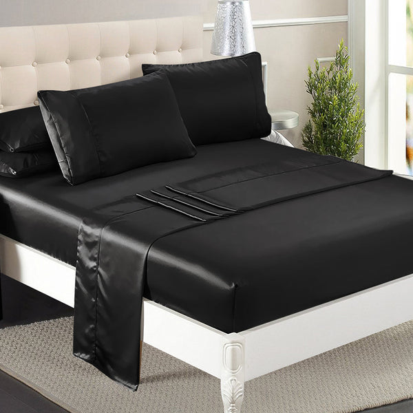 Dreamz Silky Satin Fitted Flat Queen Black Sheets