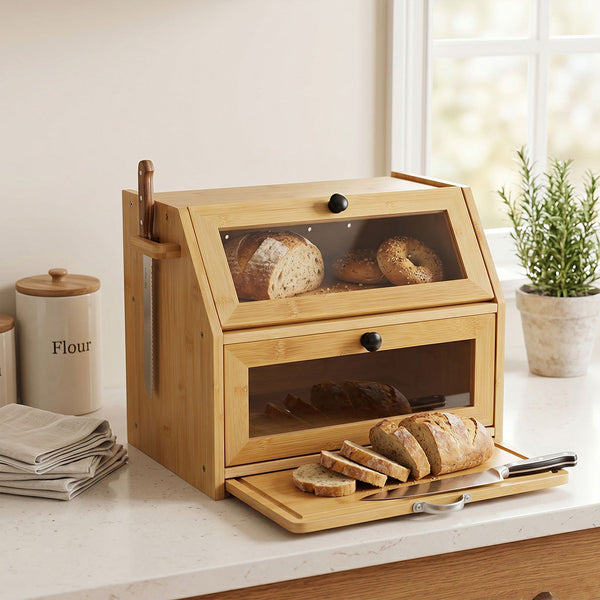Toque Double Layer Bamboo Bread Box With Window & Cutting Board Bread Bins