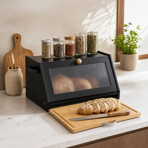Toque Bamboo Bread Box With Cutting Board & Knife Holder Black Bread Bins