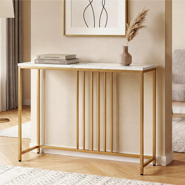 Levede Narrow Console Table White Marble Effect Top Gold Frame Hall Tables