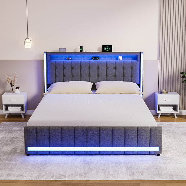 Levede King Bed Frame Fabric Storage Drawer Led Usb King Bed Frames