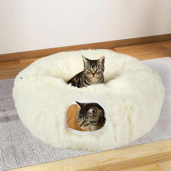 Pawz Cat Tunnel Foldable Fluffy Plush Play Tube Beige Cat Toys