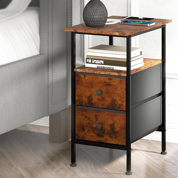 Levede Bedside Table With 2 Drawers Charging Station Brown Side Tables