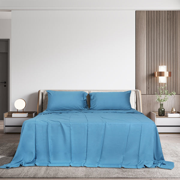 Dreamz 4Pcs King Size 100% Bamboo Bed Sheet Set In Soft Blue Colour Hypoallergenic Cool Sheets