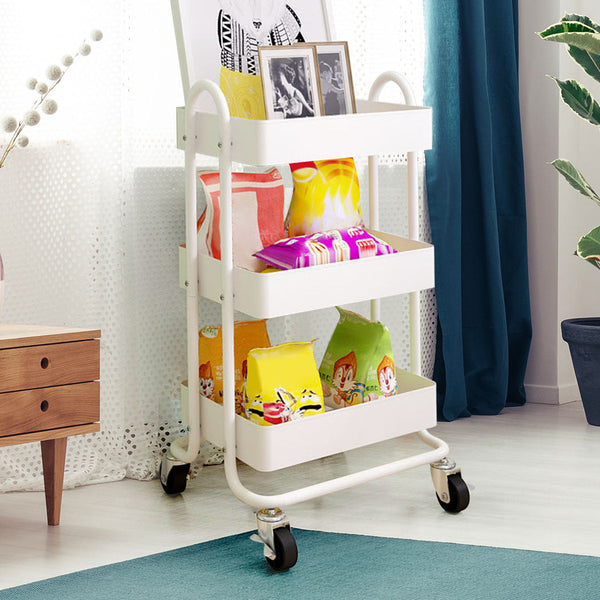 Levede 3 Tiers Kitchen Trolley Cart White Storage Organiser With Rolling Wheels Kitchen Carts