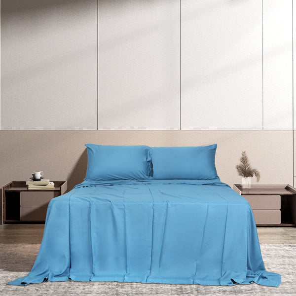 Dreamz 4Pcs Double Size 100% Bamboo Bed Sheet Set In Blue Colour Soft Cool Breathable Sheets