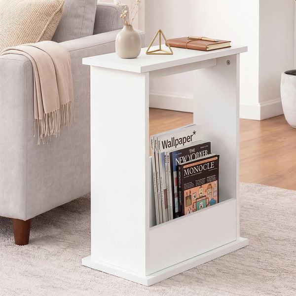 Levede Narrow Side Table With Magazine Rack White Side Tables