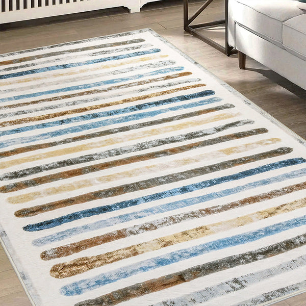 Marlow Floor Rug Short Pile Washable Carpet Soft Plush Non Slip Stripe 80X120 Rugs