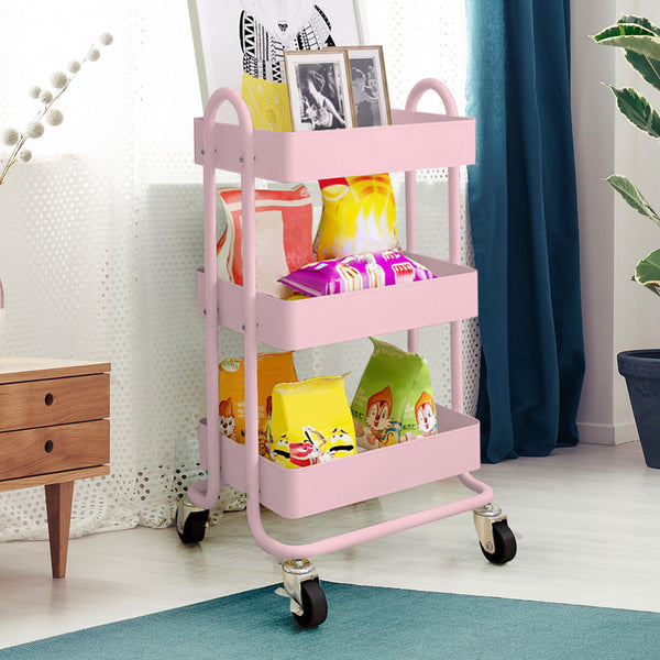 Levede 3 Tier Kitchen Trolley Cart Pink Rolling Storage Organizer For Home Office Kitchen Carts