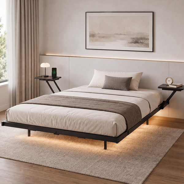 Levede Double Bed Frame Floating With Storage Shelves Rgb Lights Black Double Bed Frames
