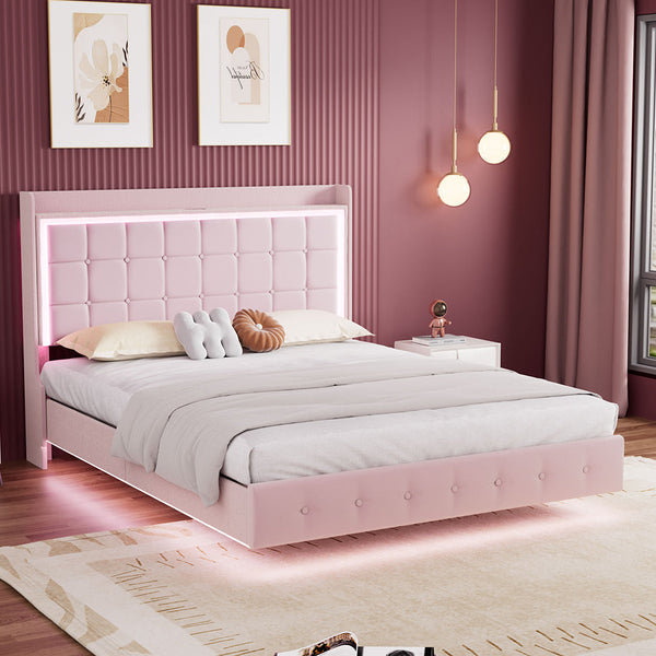 Levede Double Floating Bed Frame With Led Lights & Usb Ports Pink Double Bed Frames