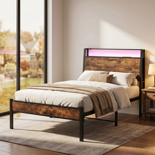 Levede Single Bed Frame With Led Usb Charging Storage Headboard Walnut Black Single Bed Frames