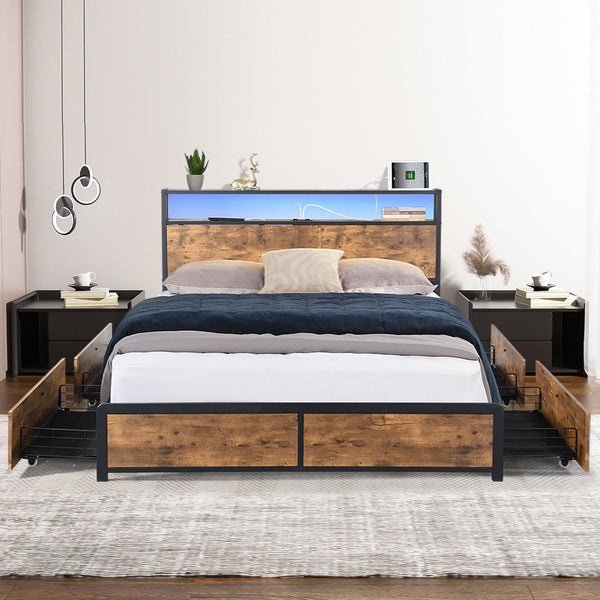 Levede Queen Bed Frame Rgb Led 4 Drawers Usb Queen Bed Frames