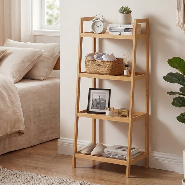 Levede Bamboo Ladder Bookcase 4 Shelf Books Plant Storage Rack Organiser Bookshelves