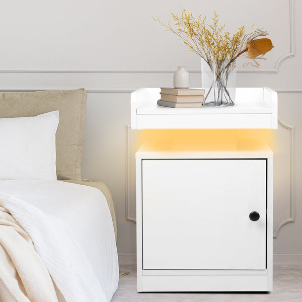 Levede Bedside Table With Usb Charger Outlet And Rgb Lights White Modern Nightstand For Bedroom Bedside Tables