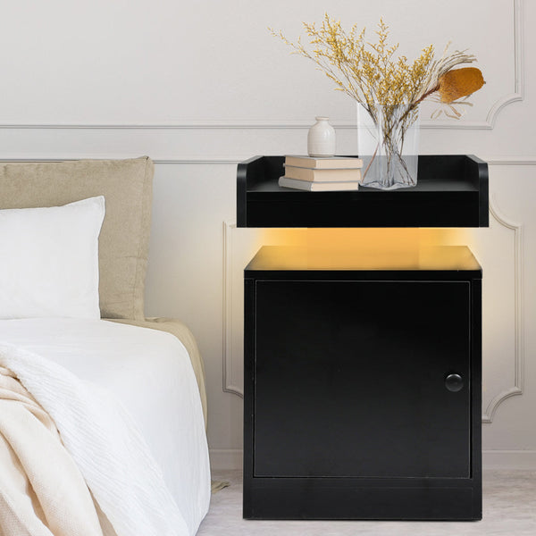Levede Bedside Table With Usb Charger Outlet And Rgb Lights Black Modern Nightstand For Bedroom Bedside Tables