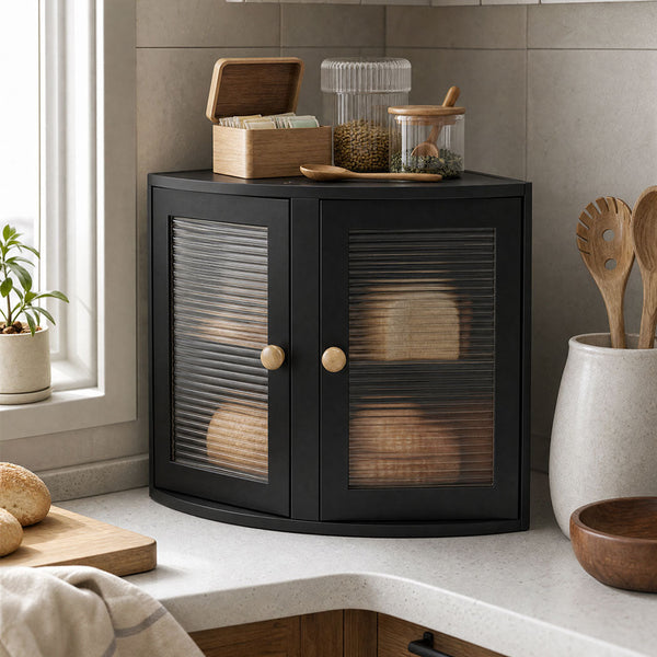 Toque 2 Tier Bamboo Corner Bread Box For Kitchen Countertop Storage Black Bread Bins