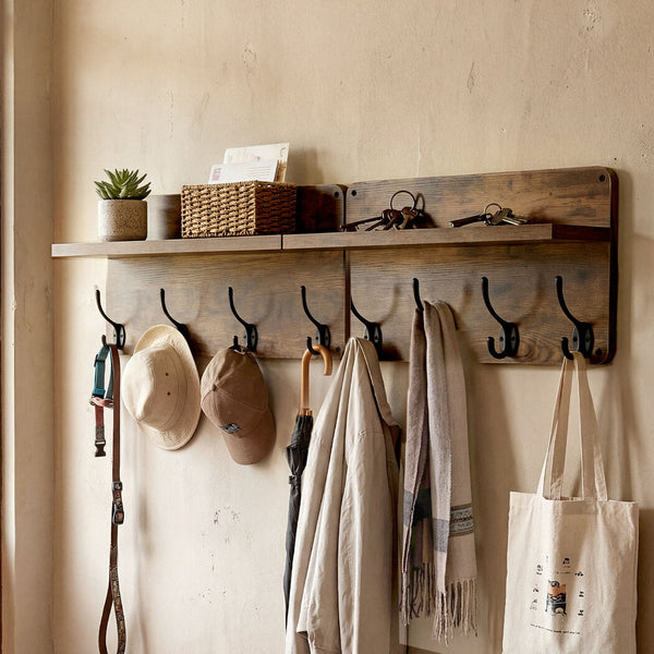 Levede 2 Piece Wall Mounted Coat Rack With Shelf & Hooks Rustic Brown Coat & Hat Racks