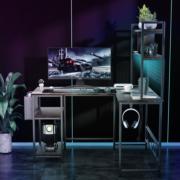 Levede Shaped Gaming Desk With Led Lights Brown Home Office Desks