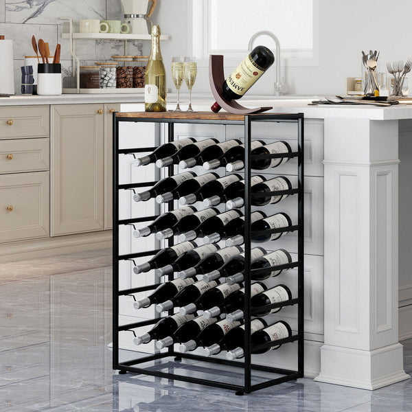 Levede 30 Bottle 6 Tier Wine Rack With Black Metal Frame & Wood Top Racks