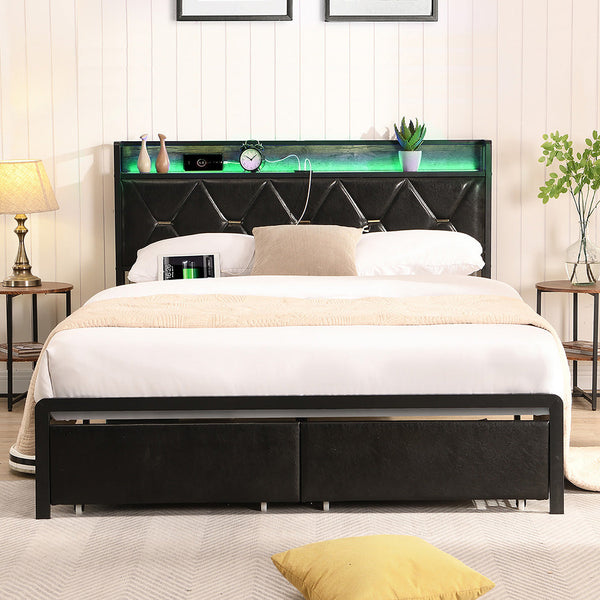 Levede Double Metal Bed Frame Led Lights 2 Drawers Double Bed Frames