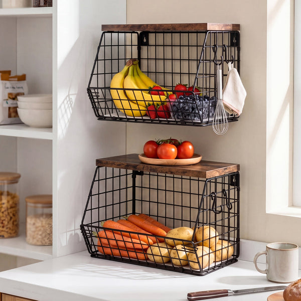 Toque 2Pcs Stackable Wall Mounted Kitchen Fruit Storage Basket With Wood Lid Storage Bins & Baskets