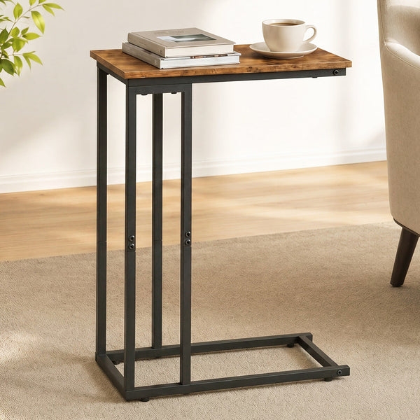 Levede C Shaped Side Table Rustic Brown & Black Waterproof Metal Frame Side Tables