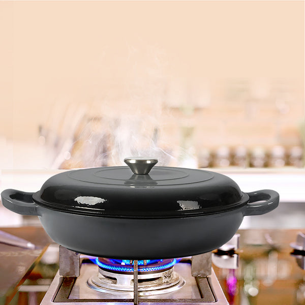 3.5L Enamel Dutch Oven Pan Black Cooking Pot Cast Iron With Lid Heat Resistant Casserole Pans