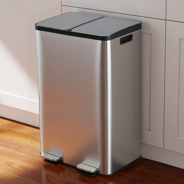 Toque 60L Dual Compartment Stainless Steel Pedal Bin Black & Silver Rubbish Bins
