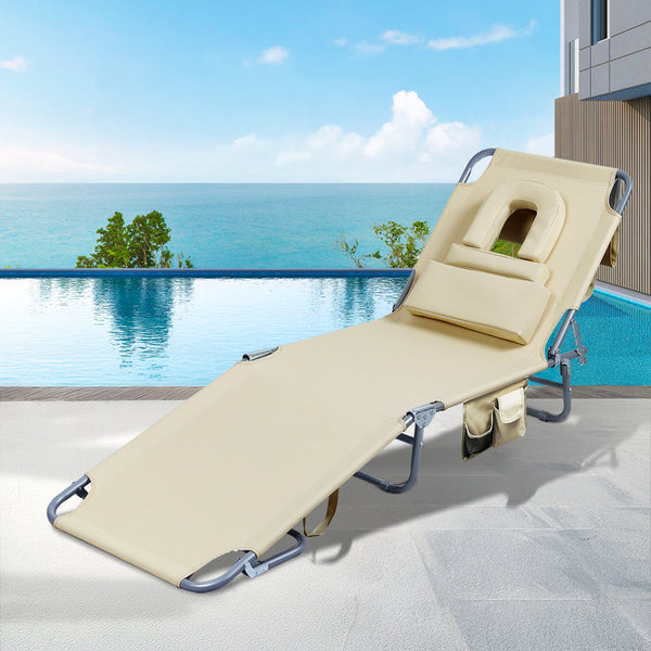 Levede Foldable Beach Lounge Chairs With Face Hole Khaki Loungers